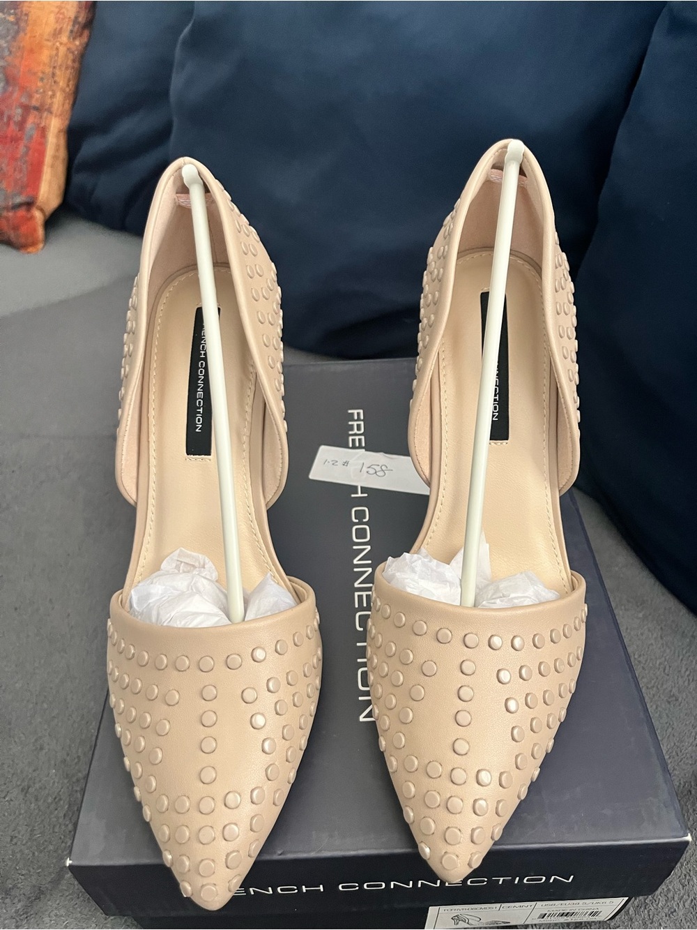 French Connection Forever studded pointed-toe d’Orsay pumps in Cement